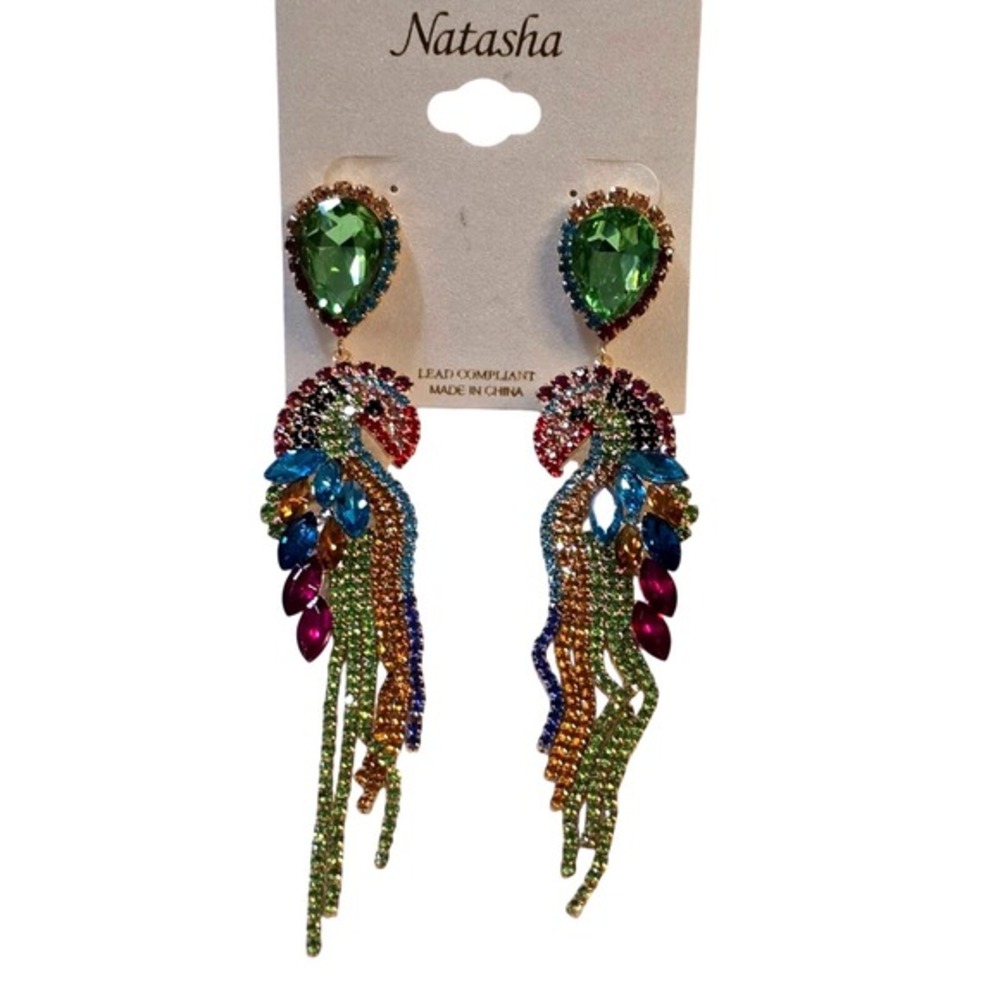 Natasha Multicolor Rhinestone Parrot Drop Earrings Tropical Crystal Statement 5"
